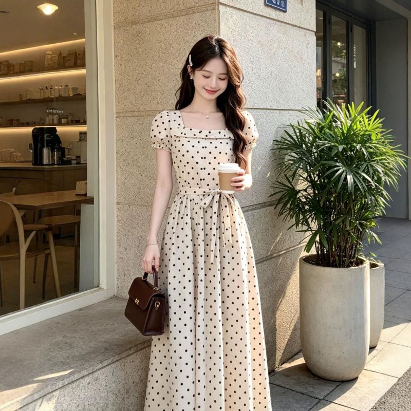 French Square Collar Polka Dot Dress Women's Summer New Summer Wear Temperament Waist Dress