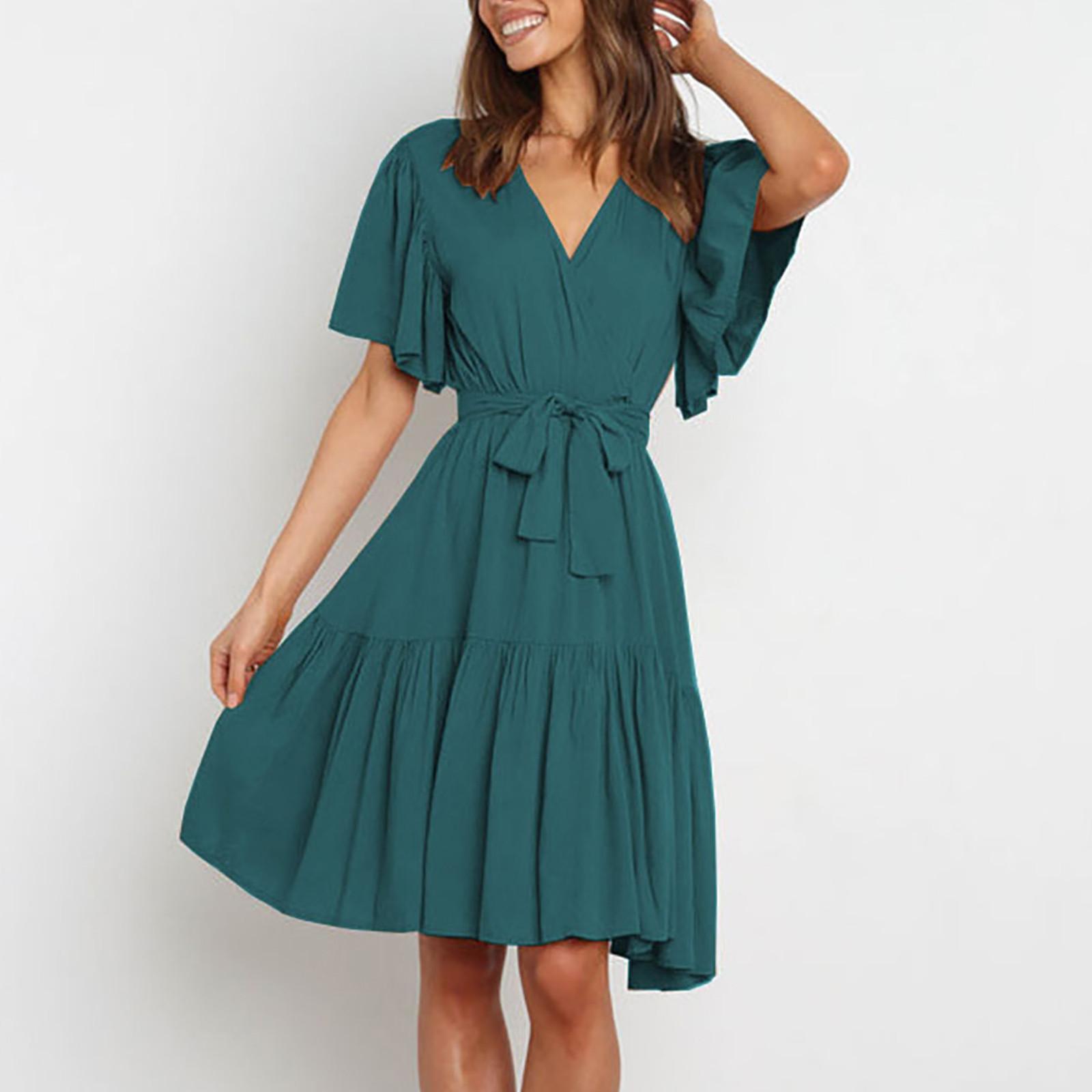 

Модное женское однотонное повседневное платье с v-образным вырезом и коротким рукавом на талии L зелёный