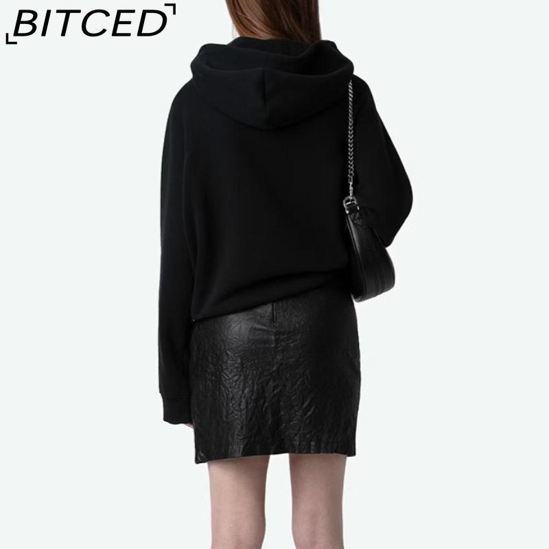 BITCED Women's Autumn/Winter Printed Black Long-Sleeved Hooded Sweatshirt