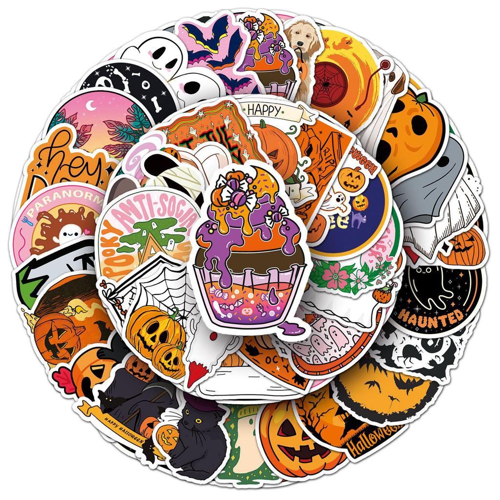 50 Scary Halloween Stickers: Cartoon Pumpkins for Notebooks, Journals, and Luggage