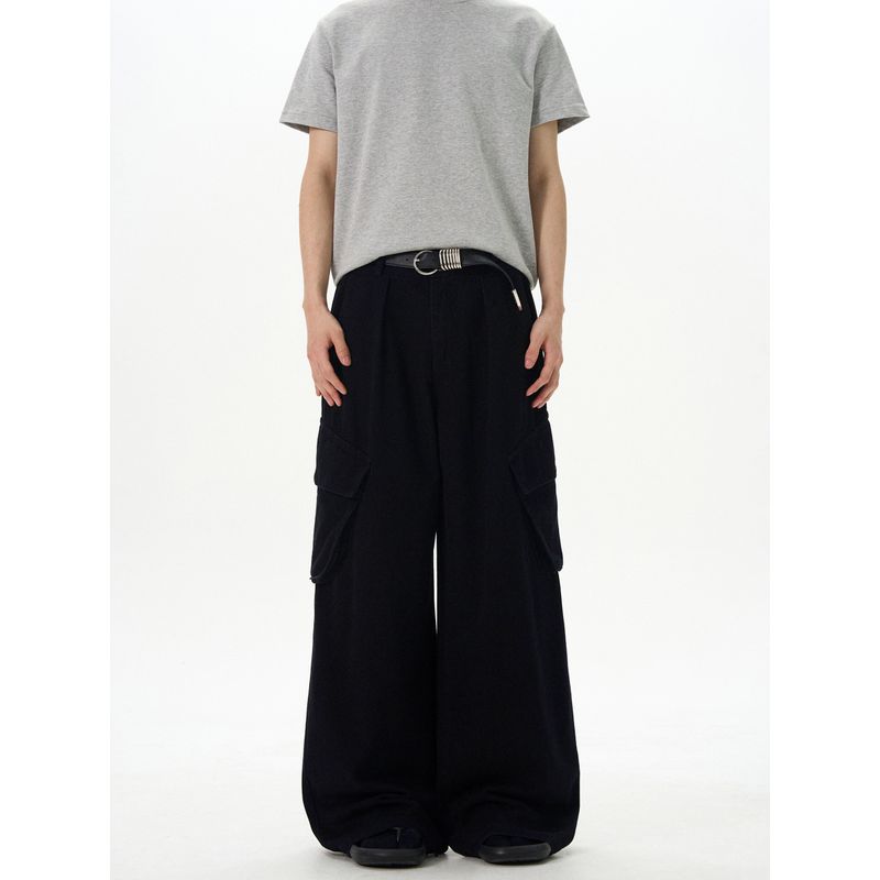 Kisko American Retro Washed Large Pocket Baggy Silhouette Cargo Pants Unisex Loose Straight Casual Wide-Leg Pants
