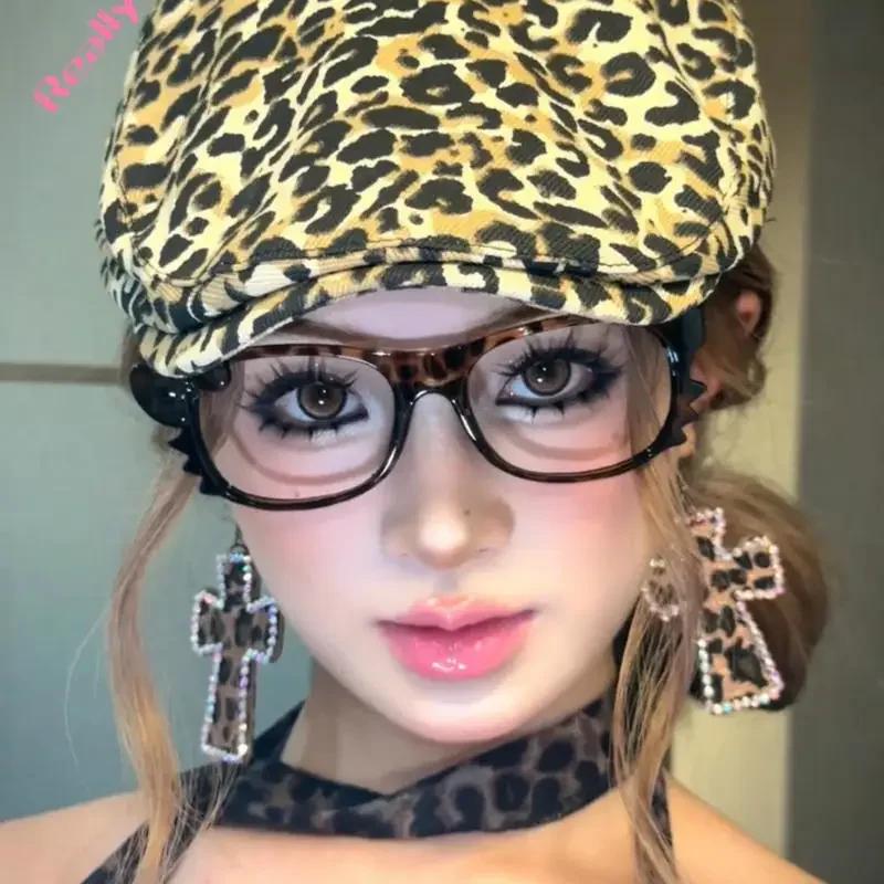 Y2K Leopard Print Eyeglass Frame Anime Kawaii Retro Glasses Cartoon Cute Eyewear Decorative Accessories