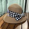 Rhinestone checkerboard bow sun straw hat women's summer straw shading hat seaside beach bucket hat basin hat
