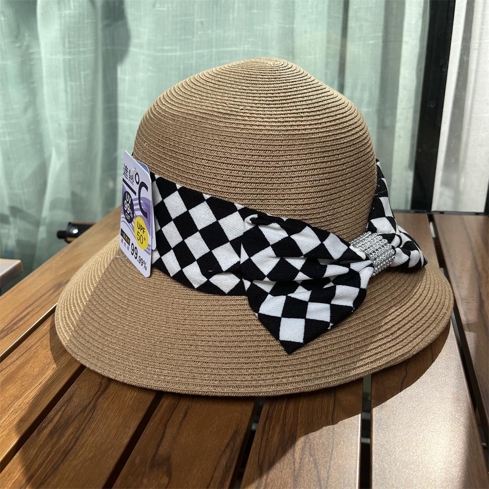 Rhinestone checkerboard bow sun straw hat women's summer straw shading hat seaside beach bucket hat basin hat