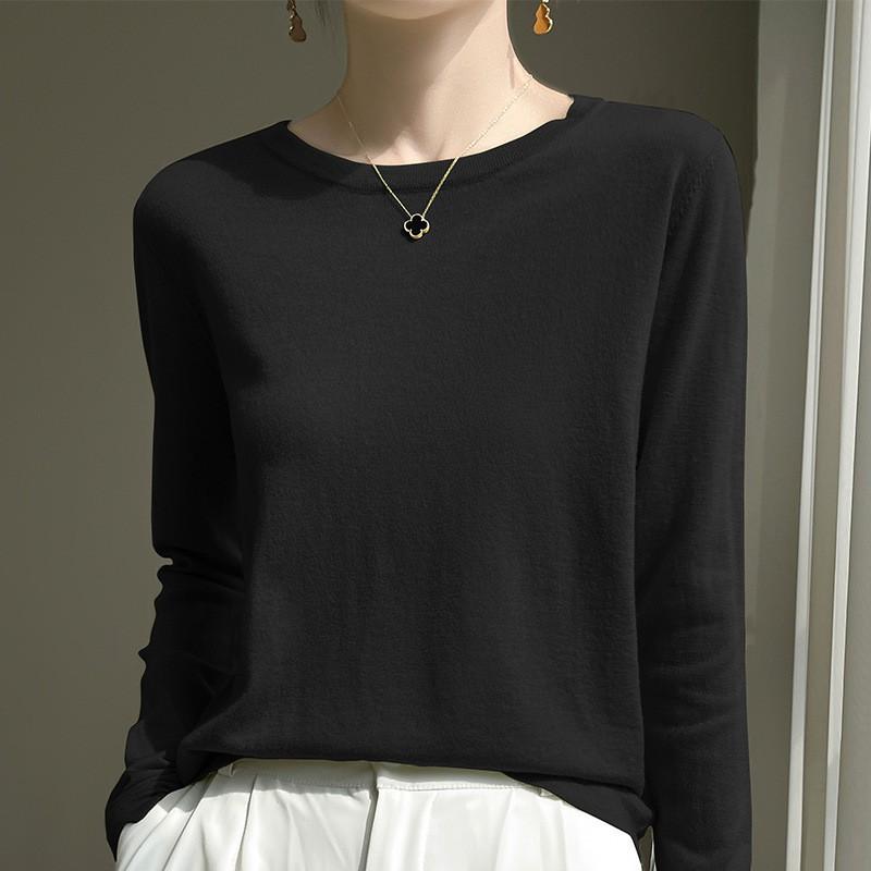 2026 Fall Thin Wool Blend Knit Sweater Round Neck Long Sleeve Loose Slim Fit Basic Top Women
