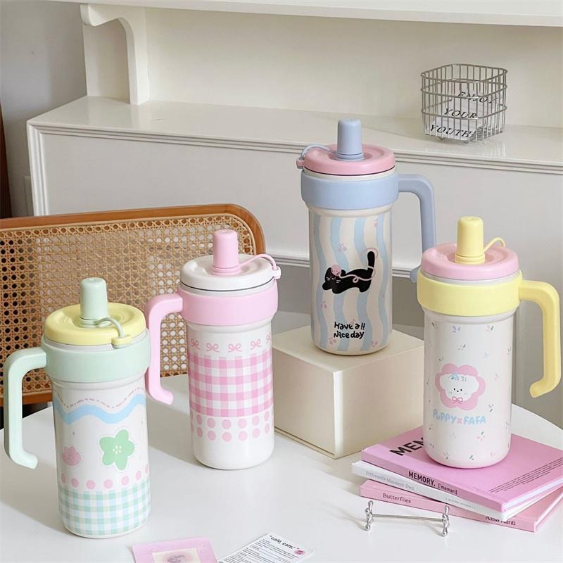 Large Capacity Cute Insulated Mug, 1000Ml Tumbler With Handle And Straw Lid, Stainless Steel Sports Water Bottle