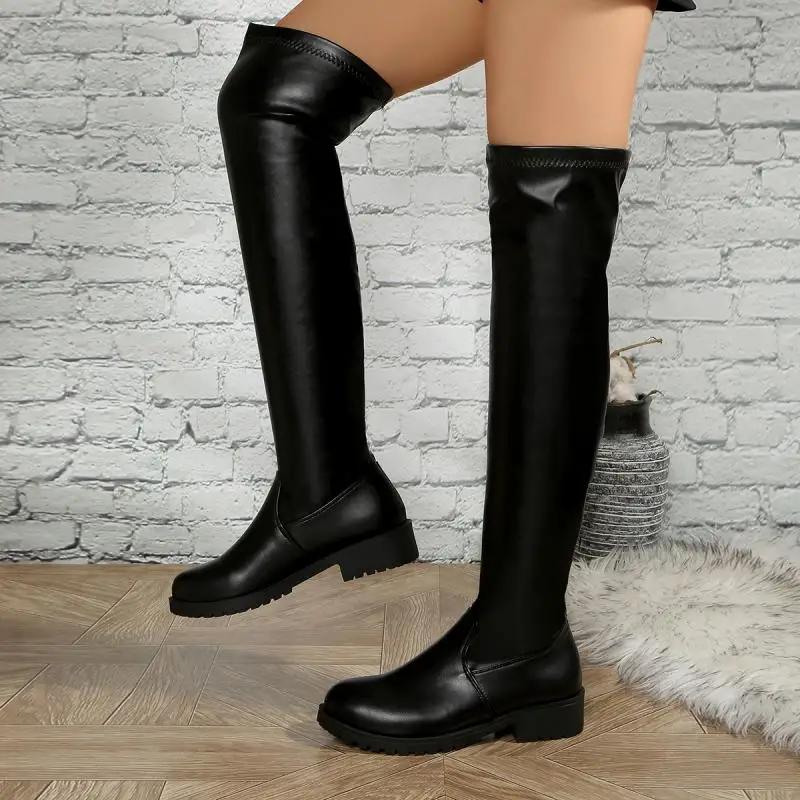Fashion Sexy Solid Black Pu Knee-High Boots Women 2025 Autumn Fashion Slip On Wrinkle Elastic Boots Comfort Medium Heel Jazz Shoes