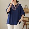 Women T-shirt Deep V Neckline Embroidery Floral Pattern Pullover Tops Pure Color Loose Fit