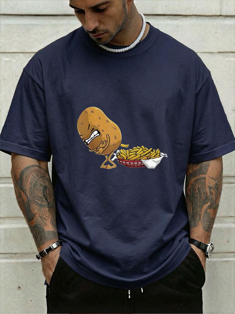 Unisexs Crew Neck Tee Funny Potato Making French Fries Cartoon Print Loose Dark Grey Street Casual Daily Summer Short Sleeve Top