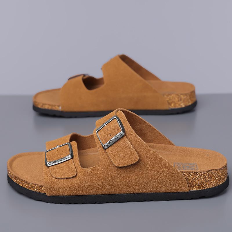 Fashion New Designer Cow Suede Slippers for Men Summer Double Buckle Retro Slipper Shoes Male Solid Color Fashion Casual Flip Flops Man