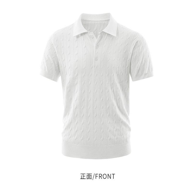 Men Business Casual Cable Knit Short Sleeve Collared Polo Shirt