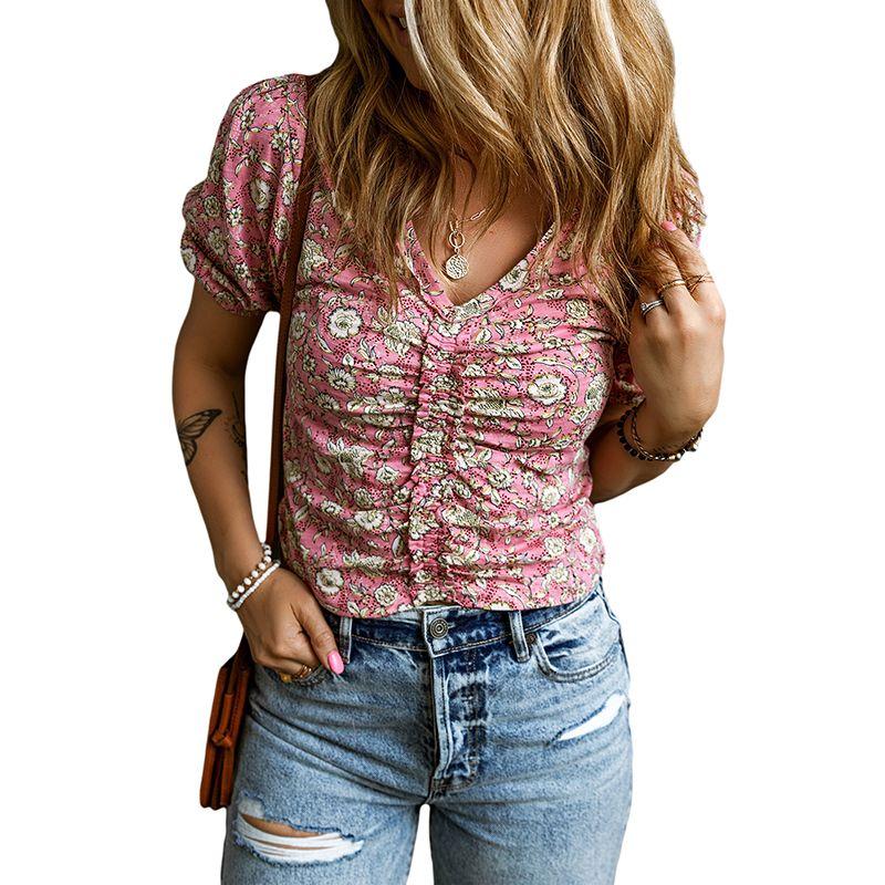 

Pullover Fashion Silm Pleated Half Sleeve Florals Print Pink P10 Size M fit (55.00 kg-62.50 kg