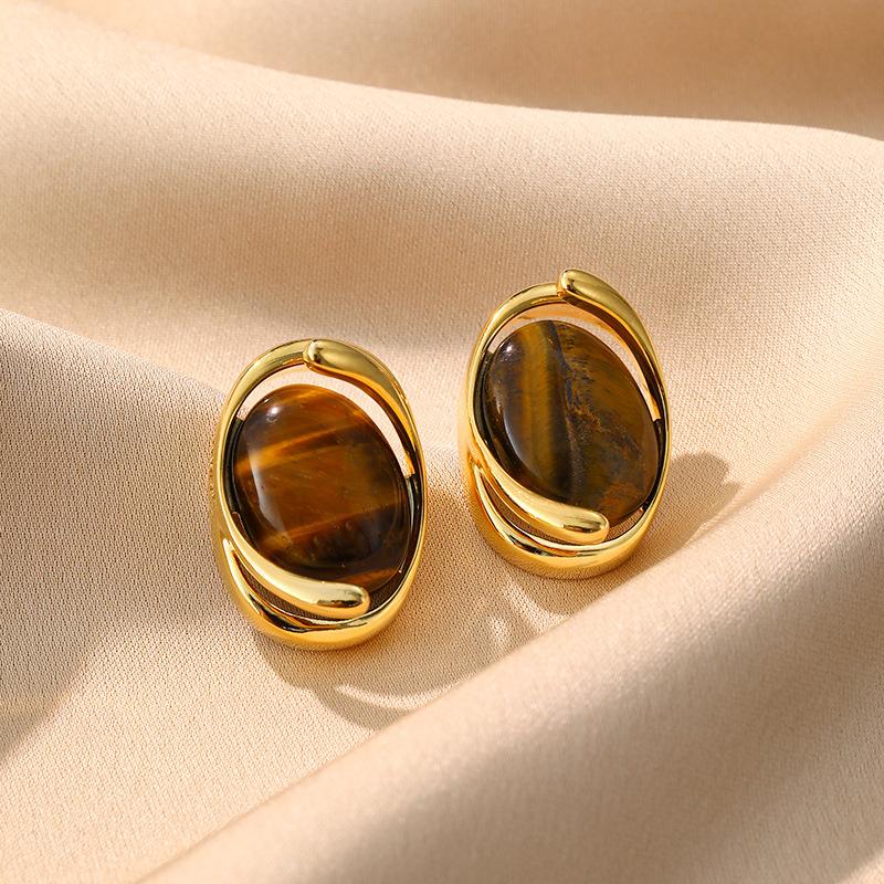 Maillard retro style tiger's eye stone stud earrings women's new Chinese high-end hollow design earrings exquisite simple earrings