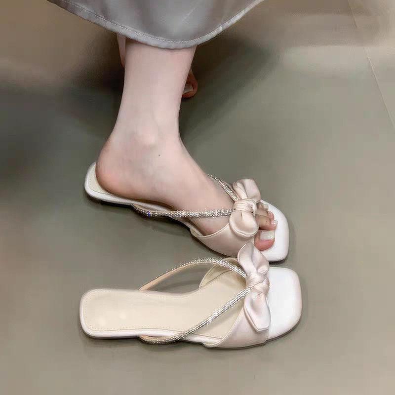 Summer new cool slippers women's bow rhinestone strap thick heel versatile sweet gentle square head one-word drag