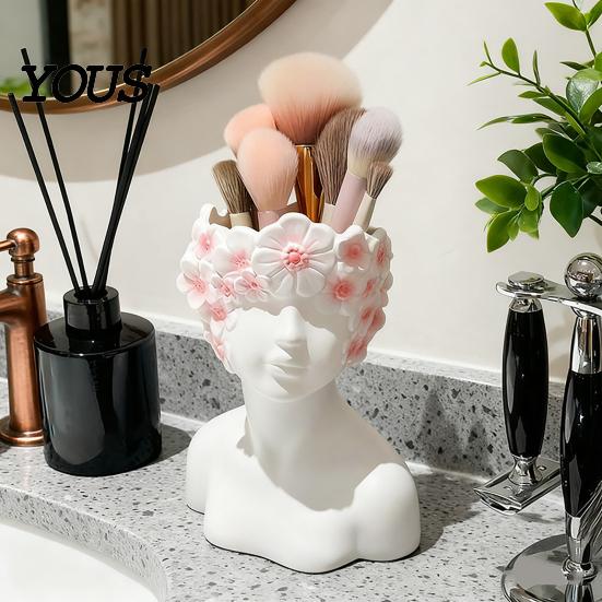 Desktop Storage Organizer Box, with Artistic Side Face Design, Nordic Style Versatile Makeup Luxury Vanity Decor Brush Holder, for Bedroom Dressing