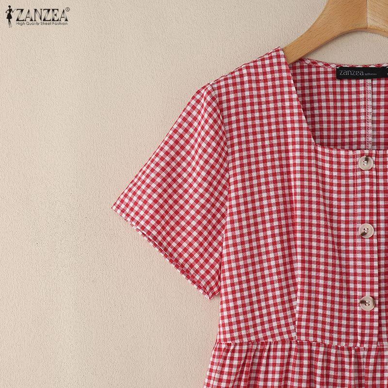 ZANZEA Women Plaid Print Summer Casual Square Collar Short Sleeve Dress