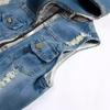 Gilet di Jeans Ripped da Uomo Vestibilità Slim Gilet di Jeans con Cappuccio Gilet di Jeans da Uomo
