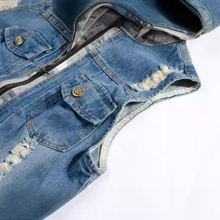 Gilet di Jeans Ripped da Uomo Vestibilità Slim Gilet di Jeans con Cappuccio Gilet di Jeans da Uomo