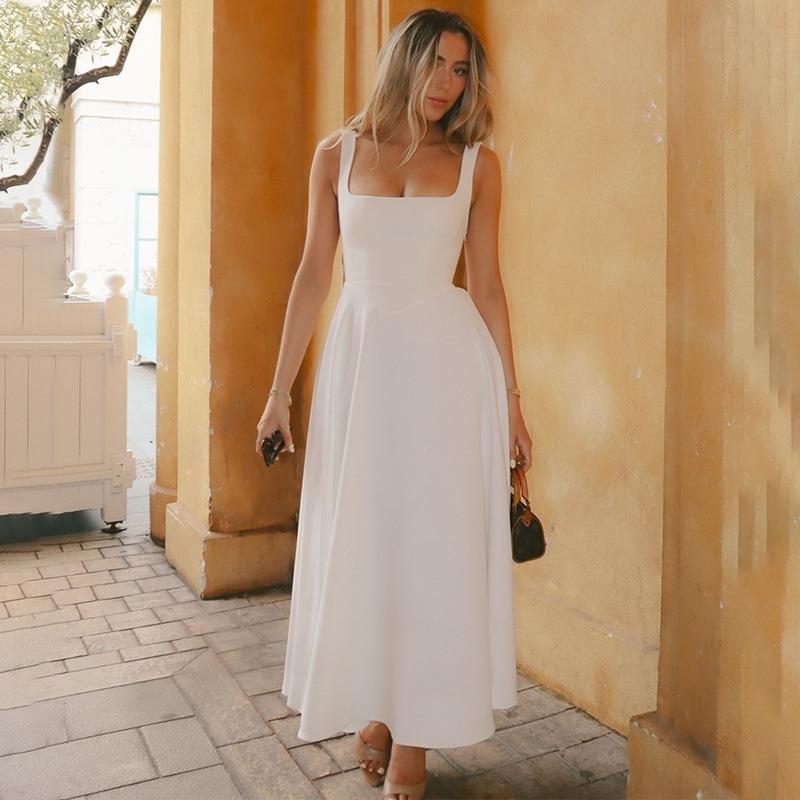 Letní čtvercový výstřih bez rukávů párty šaty na ramínka dlouhé módní elegantní dámské bez rukávů áčkového střihu letní šaty jednobarevné pouliční oblečení slim oblečení