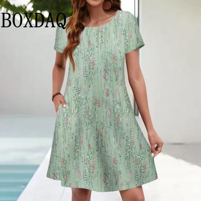 Sommerkleider Für Damen Strand Blumen 3D-Druck Kleid Vintage Sommerkleid Damen Übergröße Kurzarm Lässig Locker Kleid