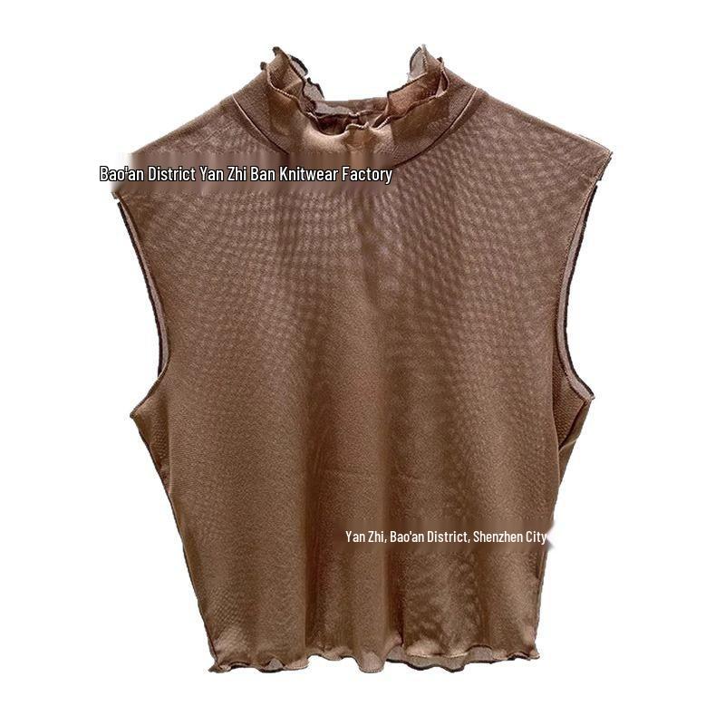 Женский кружевной воротник-стойка с рюшами, сетчатая майка без рукавов кофейный