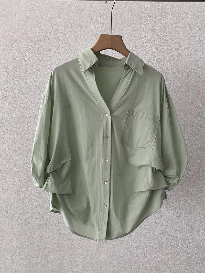 

Oumalai Women s Solid Color Puff Sleeve Polo Collar Mid-Sleeve Waist-Cinching Loose Shirt - Early Spring Trendy New Arrival One Size светло-зеленый
