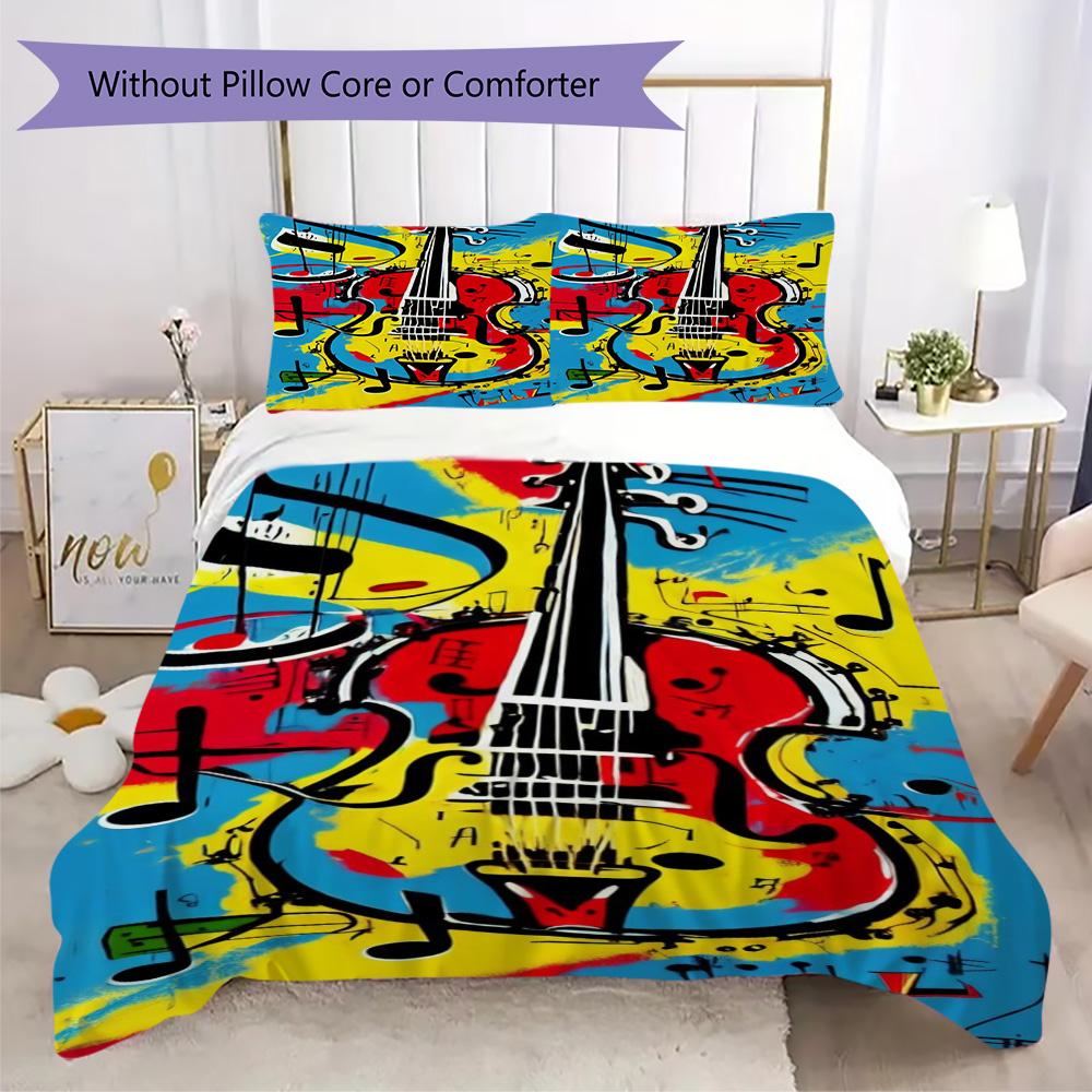 Conjunto de Roupa de Cama com Estampa de Guitarra Salpicada Preto e Branco, Conjunto de Capa de Edredom de Rock(1 capa de edredom + 2 fronhas, sem enchimento.)
