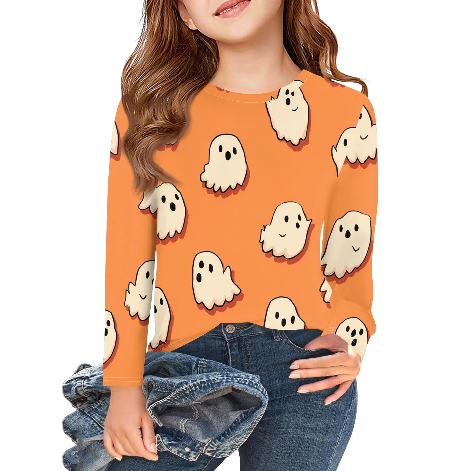 

Футболки с длинным рукавом для девочек, детские осенние топы, круглый вырез, с принтом на Хэллоуин, базовые футболки 3-9 лет 110 оранжевый