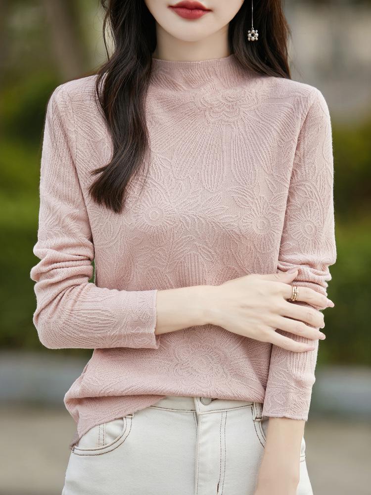 Women's Carved Jacquard High Neck Sweater: Spring/Autumn Long Sleeve Knit Top