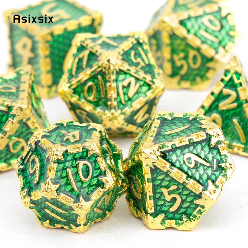 7 Stück grüne goldene Fischschuppen-Metallwürfel aus massivem Metall, polyedrisches Würfelset, geeignet für Rollenspiele, RPG-Brettspiele, Kartenspiele
