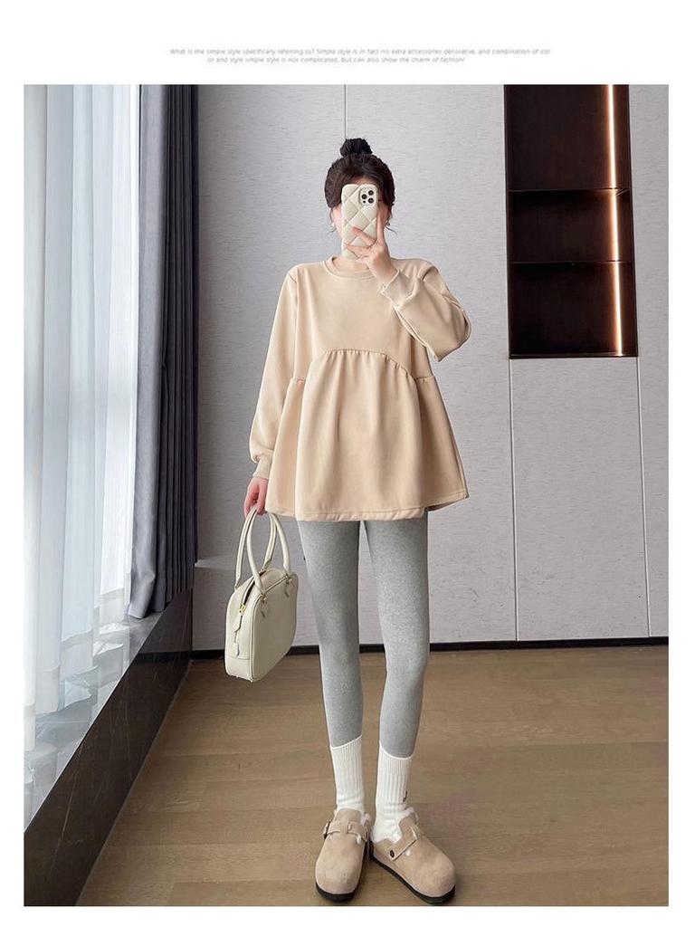 Maternity Korean Style Two-Piece: Color-Reducing, Age-Reducing Baby Doll Shirt & Long-Sleeved Sweatshirt - Plus Size, Slimming, Cover Belly.