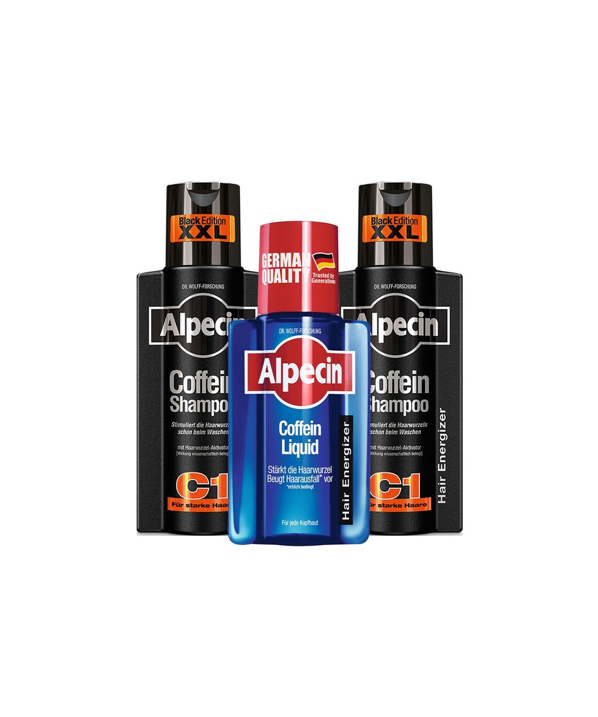 Alpecin Caffeine Shampoo C1 Black Edition (Hair and Scalp Strengthening) 375ml x 2 + Liquid Hair Tonic 200ml