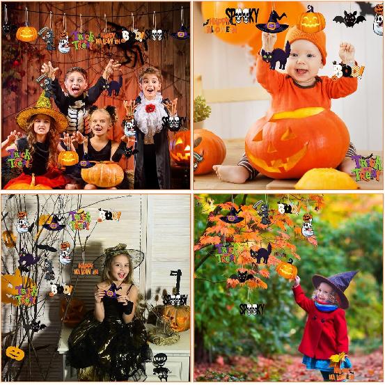 Gerrii 40 Pieces Halloween Ornaments Wooden Halloween Tree Decorations Pumpkin Ghost Witch Hat Skeleton Mini Hanging Ornaments with Rope for DIY
