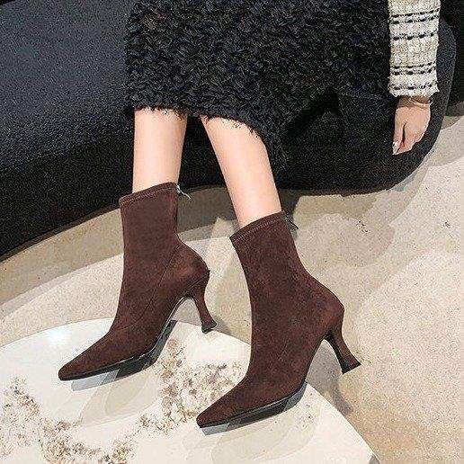 Short boots French slim heel elastic boots for women 2026 versatile soft leather zipper slim boots for women