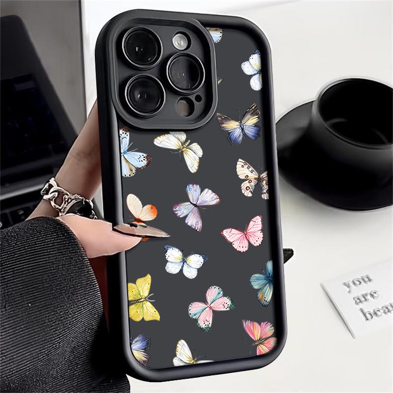 

Для iPhone 16 Pro Max 15 14 Plus 13 12 Pro 11 XR XS 8 7 чехол красочный бабочка матовый противоударный защита линз мягкий чехол для телефона iPhone 15 чёрный