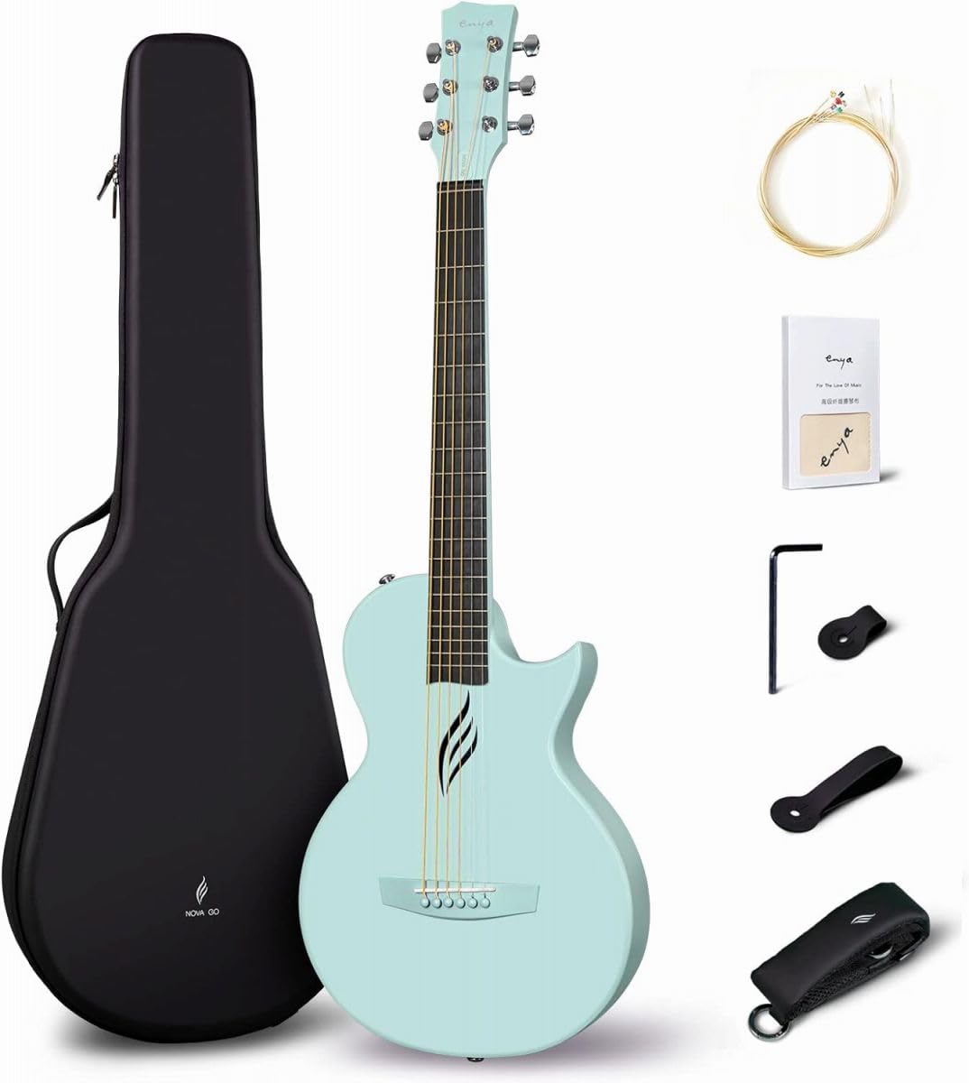 

Акустическая гитара Enya Nova Go Carbon Mini Guitar Beginner, в комплект входят чехол для гитары и набор ремней для гитары, (синий) синий