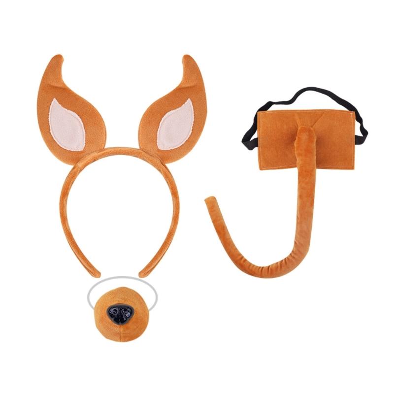 Dogs Hair Hoop Set Foxes Ears Headband Plush Tail Bowtie False Nose Animals Costume Set for Halloween Cosplay Party