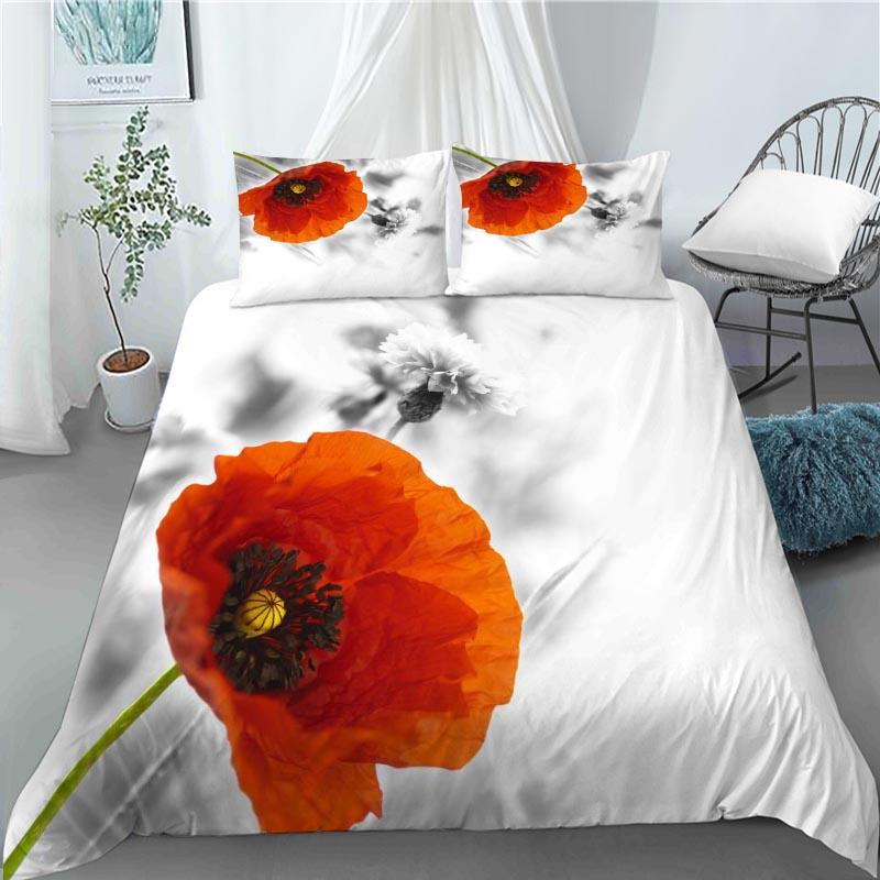 3D Red Poppy Duvet Cover King Queen Size Beautiful Flower Polyester Quilt Cover with Pillowcases Kids Adults Home Bedroom Decor