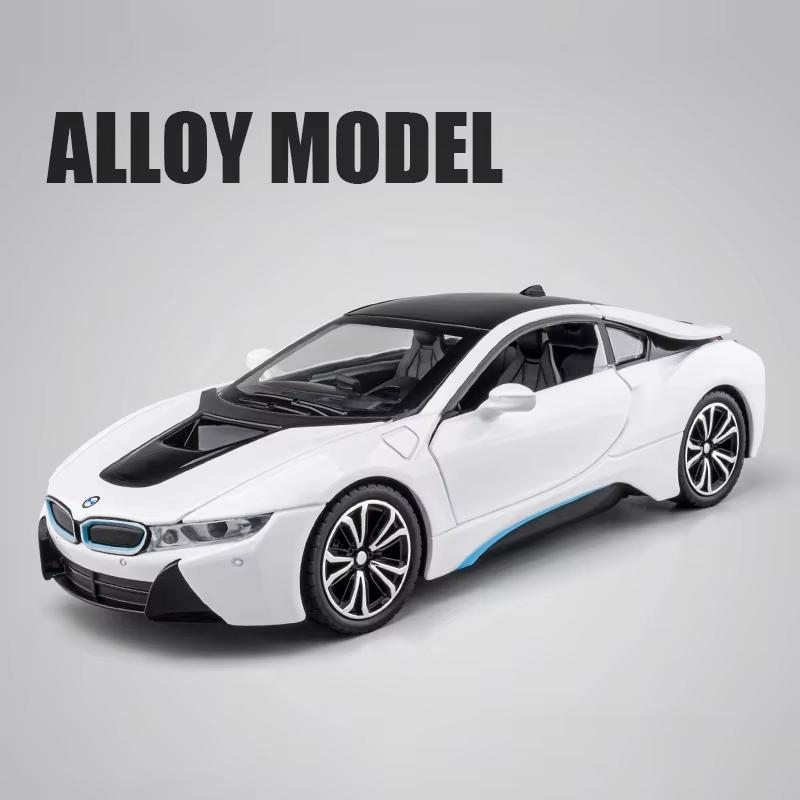 New 1:24 BMW I8 Super Sports Car Alloy Car Model Die-cast Metal Toy Car with Sound and Light Boy Children's Toy Collectible Indoor Ornaments Gift