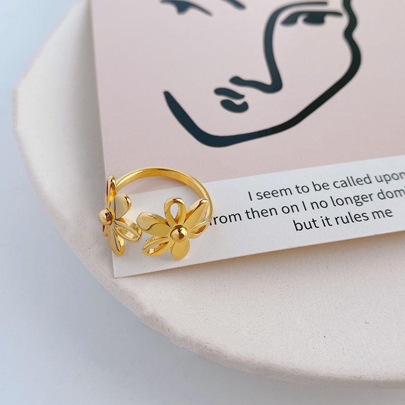 Vintage Korean Titanium Steel Floral Open Ring - Trendy Cold Style for Women