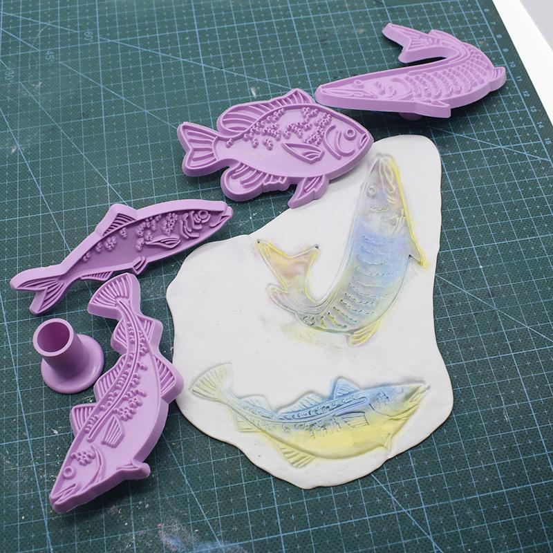 4pcsSet of Fish-Shaped Polymer Clay Texture Embossing Stamps - Vibrant Purple and Blue Designs for Pottery, Ceramics, and Craft Projects, Art Supplies