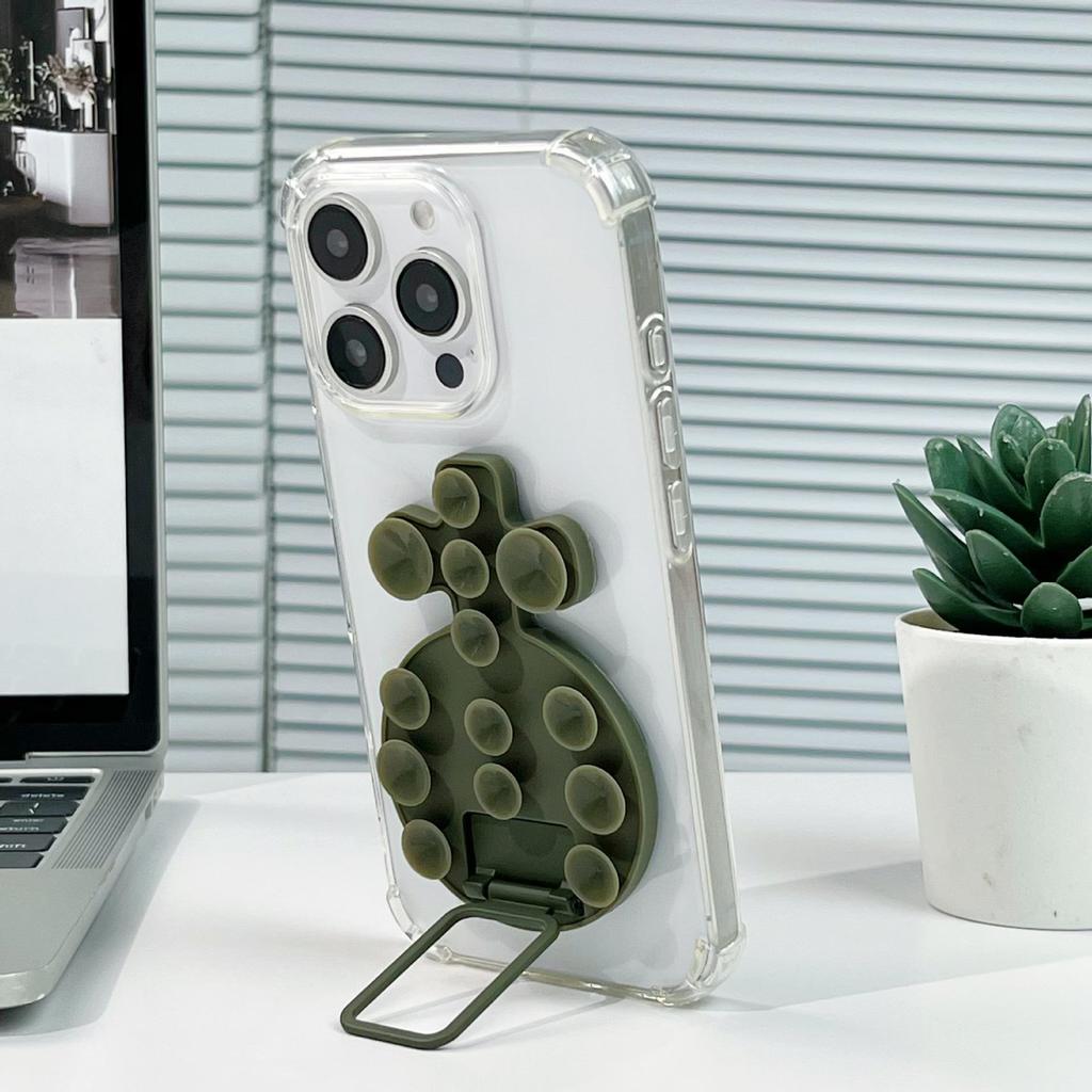 Magnetic Liquid Silicone Phone Case with Adhesive Metal Ring and Retractable Suction Cup Stand