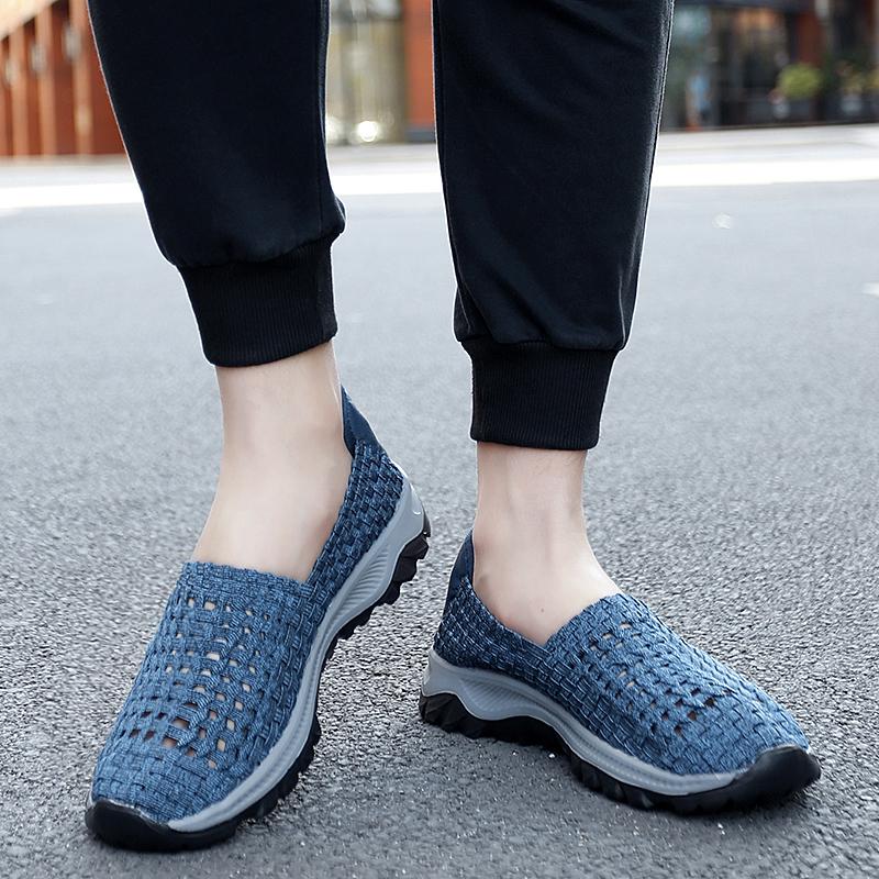 Summer Men Sneakers Braid Beach Shoes Casual Weave Blue Grey Breathable Slip on Flats Tennis Sneakers