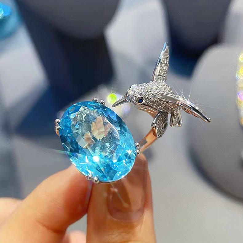 Selling New Products, Simulated Sea Blue Topaz Hummingbird Open Ring, Female, High-end Full Diamond Ring.