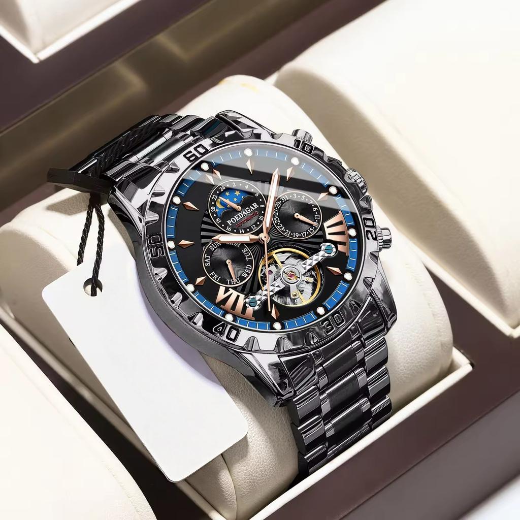 Für POEDAGAR 1410 Luxus Herren Automatik Mechanische Uhr Edelstahl Leuchtend Wasserdicht 22mm Armbandbreite Analoganzeige