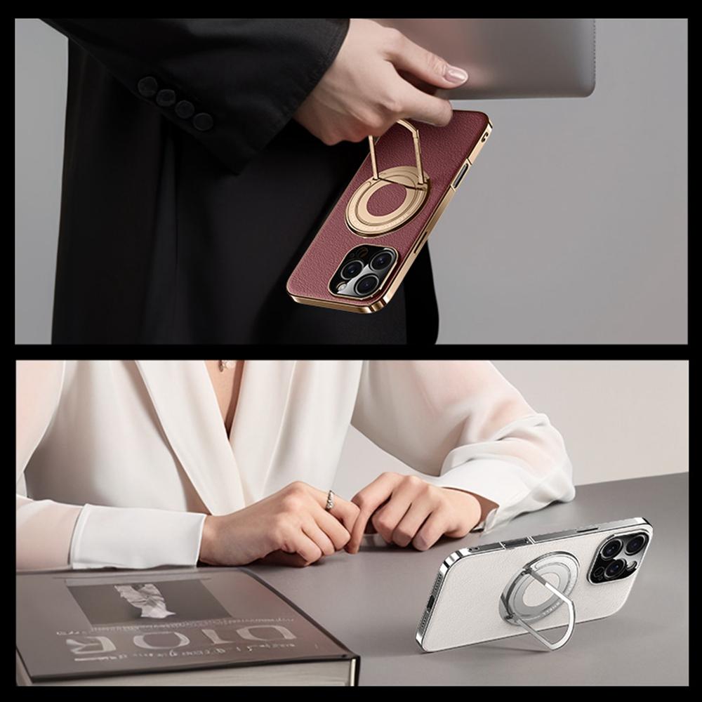 For iPhone 16 Pro Case Compatible with MagSafe Leather TPU Back Cover with Hidden Kickstand