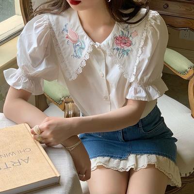 Frauen Shirt Sommer Vintage Stickerei Stilvolle Einfache Solide Peter Pan Kragen Top Puff Sleeve Süße Elegante Bluse