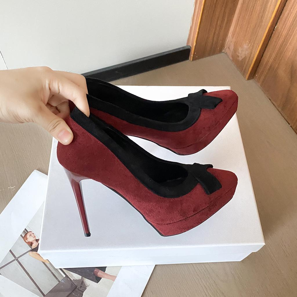 Bow high heels women's 2025 spring and summer new versatile temperament not tired feet shallow mouth waterproof table pointed single shoes