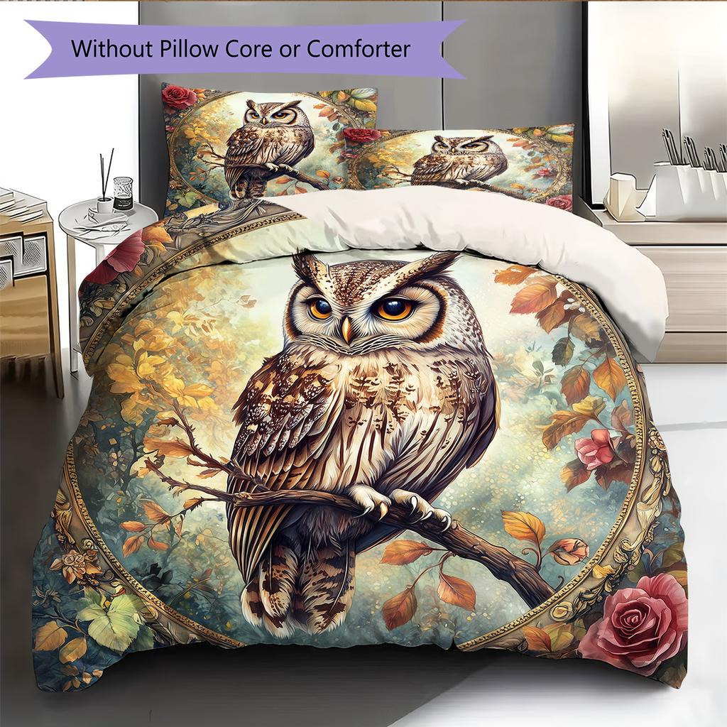 Eule auf Ast Muster Bettwäsche Quilt Set Heimdekoration Geschenk (1 Bettbezug + 2 Kissenbezüge, ohne Füllung)