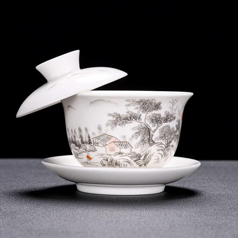 High-End Ceramic Gaiwan Tea Bowl with Rotating Lid